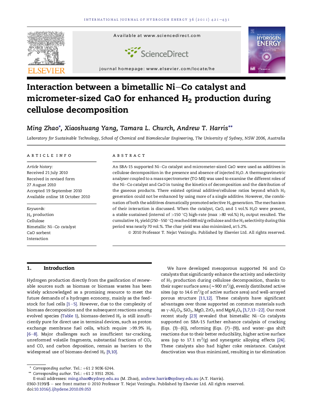 Interaction between a bimetallic Ni–Co catalyst and micrometer-sized CaO for enhanced H2 production during cellulose decomposition