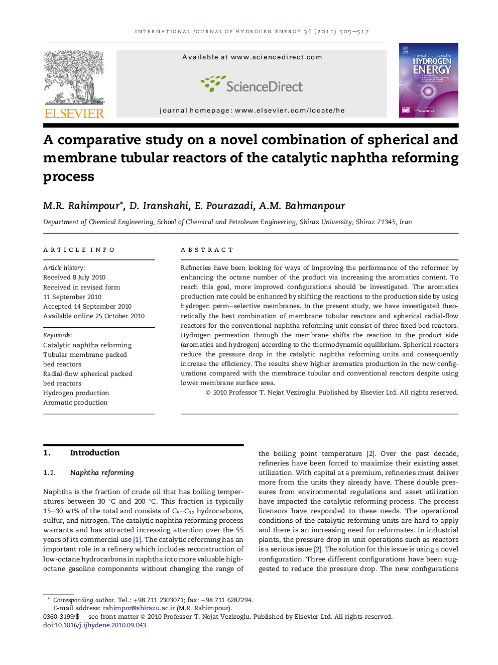 A comparative study on a novel combination of spherical and membrane tubular reactors of the catalytic naphtha reforming process