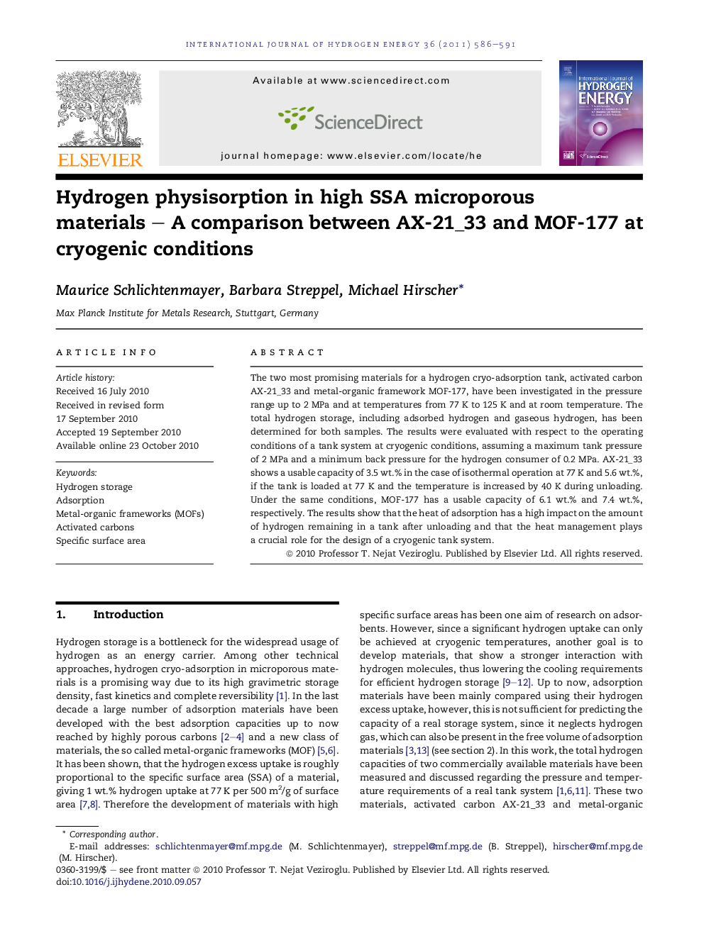 Hydrogen physisorption in high SSA microporous materials – A comparison between AX-21_33 and MOF-177 at cryogenic conditions