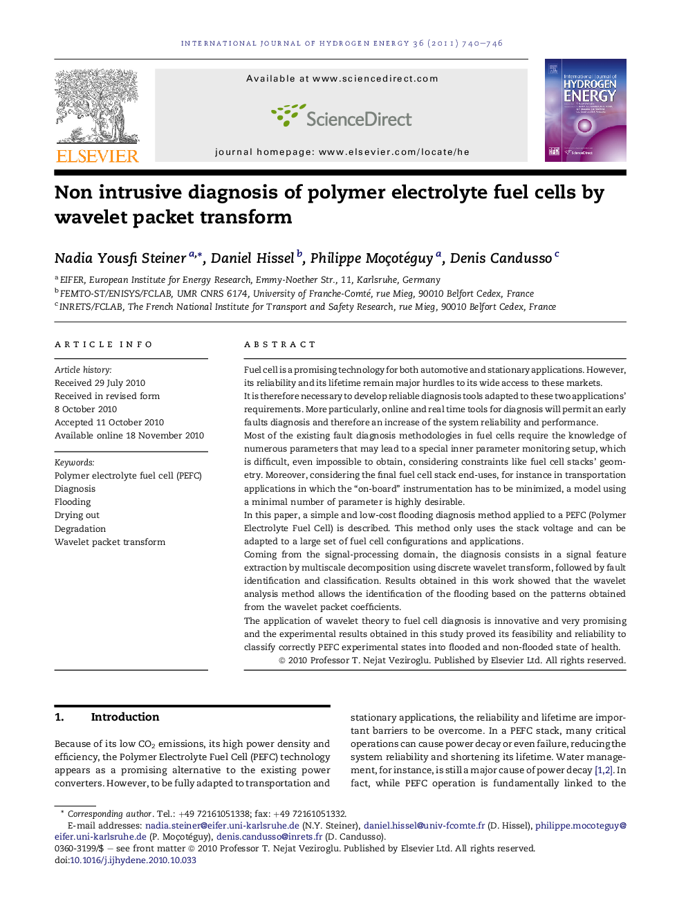 Non intrusive diagnosis of polymer electrolyte fuel cells by wavelet packet transform