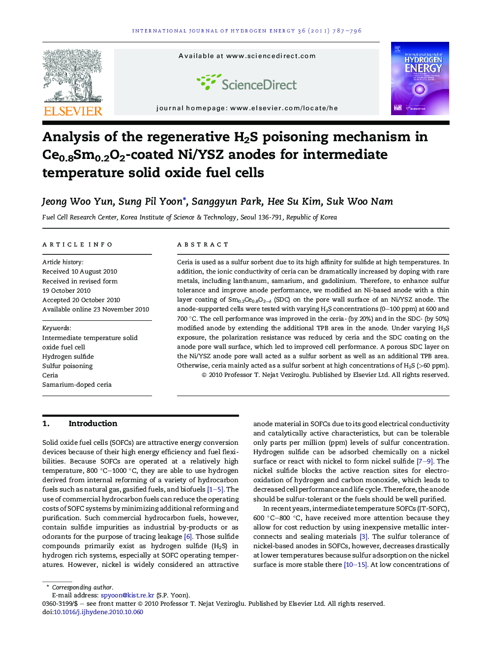 Analysis of the regenerative H2S poisoning mechanism in Ce0.8Sm0.2O2-coated Ni/YSZ anodes for intermediate temperature solid oxide fuel cells