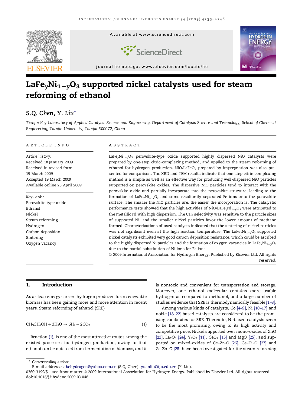 LaFeyNi1−yO3 supported nickel catalysts used for steam reforming of ethanol