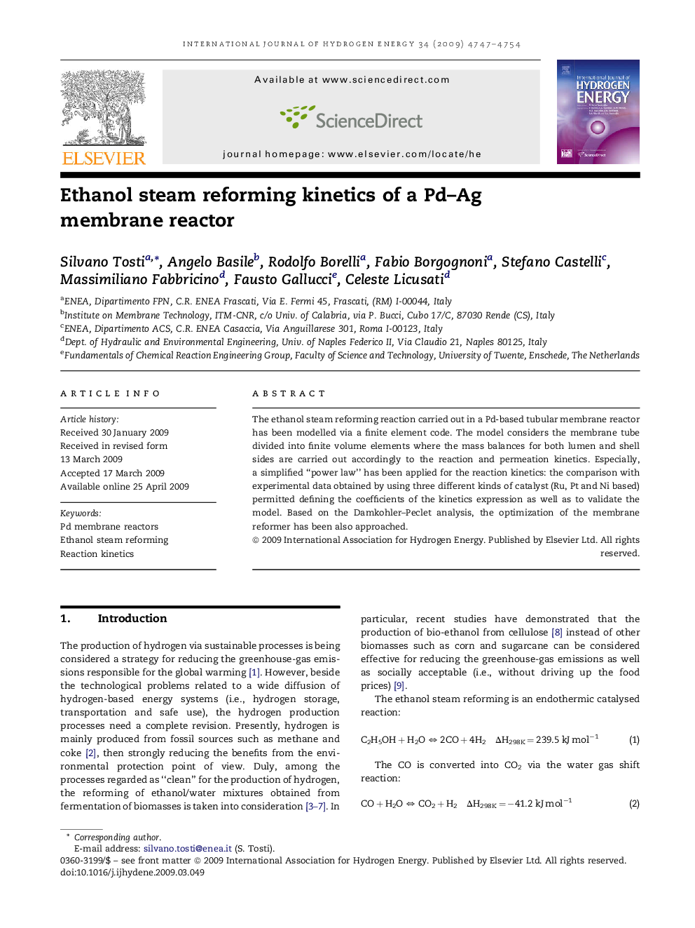 Ethanol steam reforming kinetics of a Pd–Ag membrane reactor