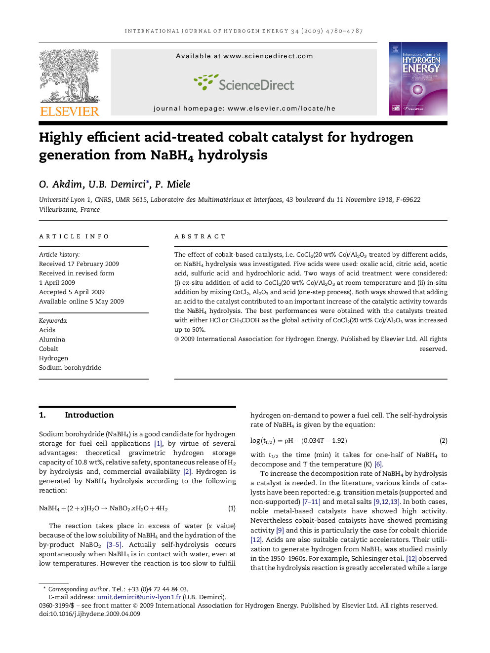 Highly efficient acid-treated cobalt catalyst for hydrogen generation from NaBH4 hydrolysis