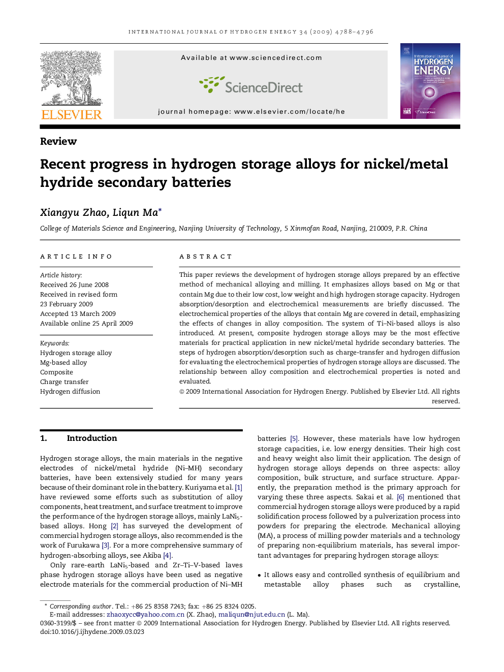 Recent progress in hydrogen storage alloys for nickel/metal hydride secondary batteries