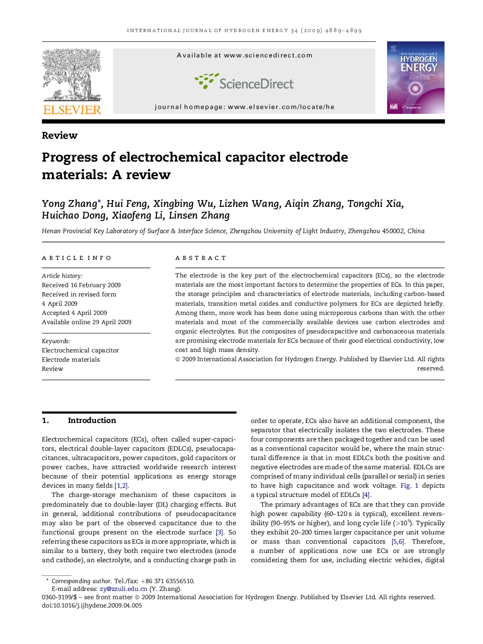 Progress of electrochemical capacitor electrode materials: A review