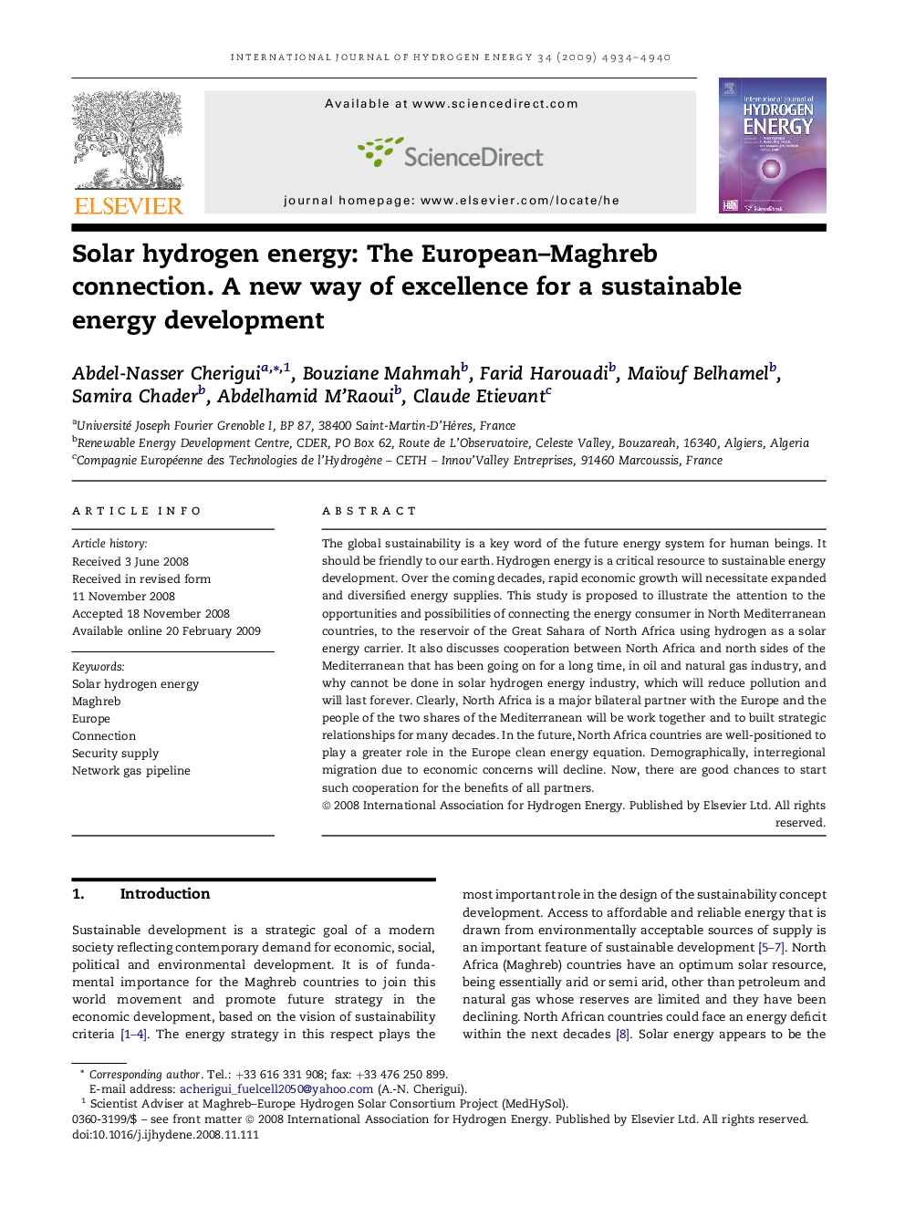 Solar hydrogen energy: The European–Maghreb connection. A new way of excellence for a sustainable energy development