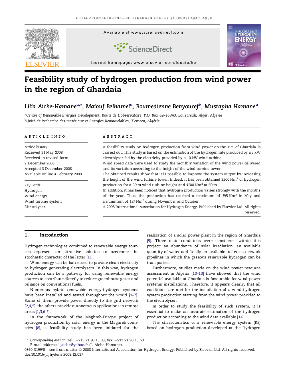 Feasibility study of hydrogen production from wind power in the region of Ghardaia