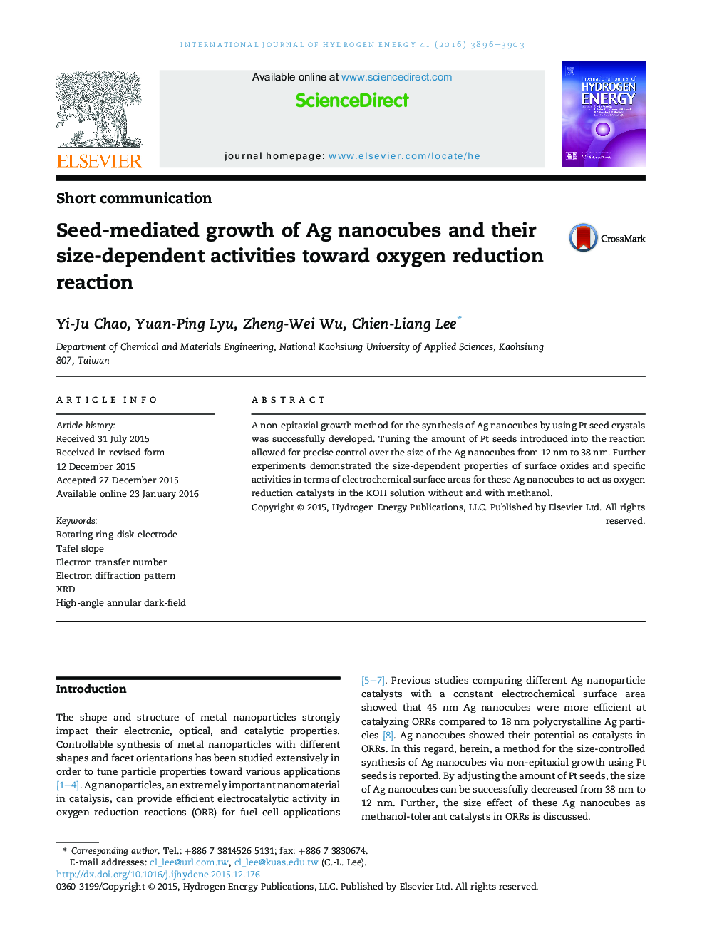 Seed-mediated growth of Ag nanocubes and their size-dependent activities toward oxygen reduction reaction