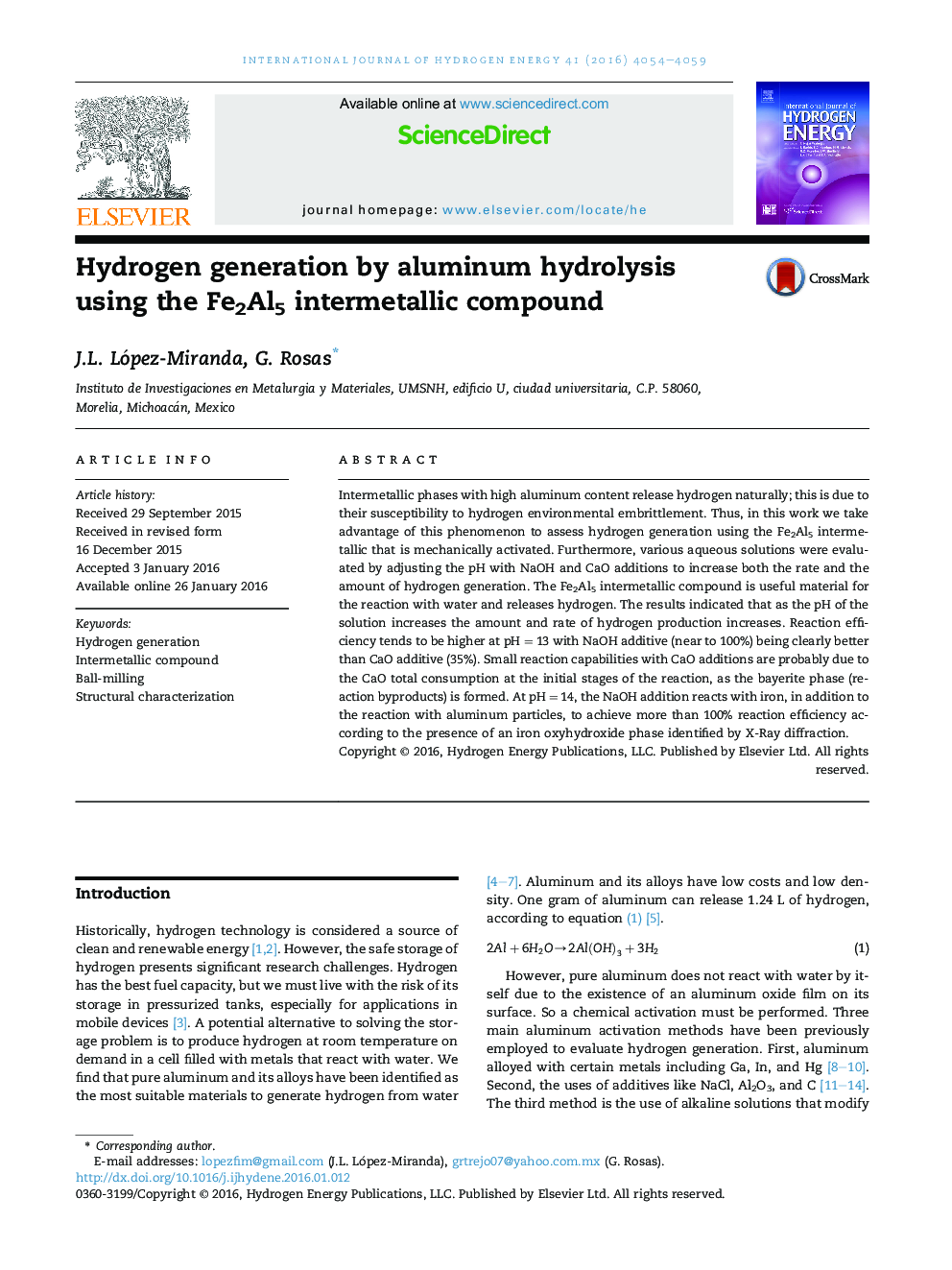 Hydrogen generation by aluminum hydrolysis using the Fe2Al5 intermetallic compound