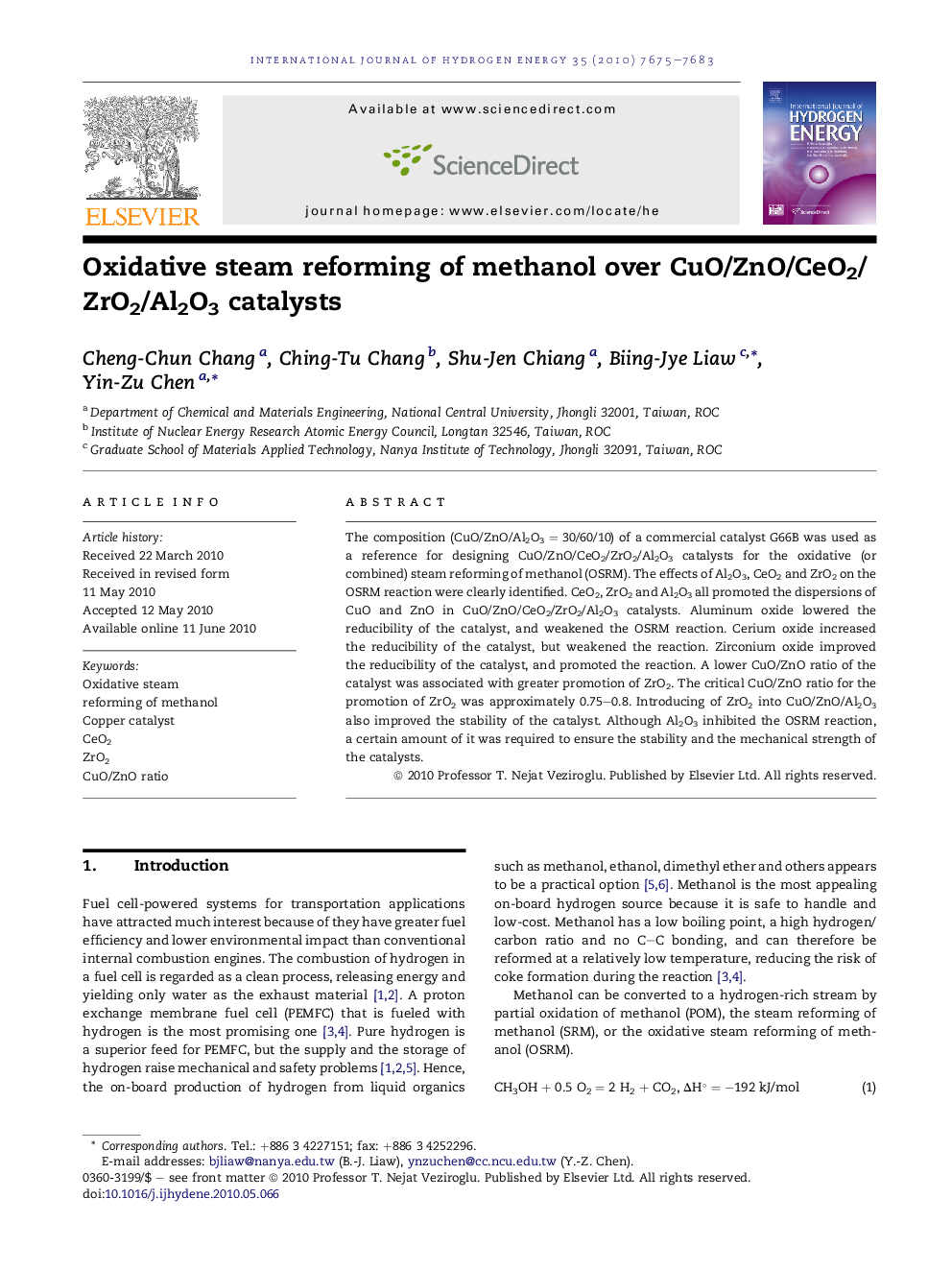 Oxidative steam reforming of methanol over CuO/ZnO/CeO2/ZrO2/Al2O3 catalysts