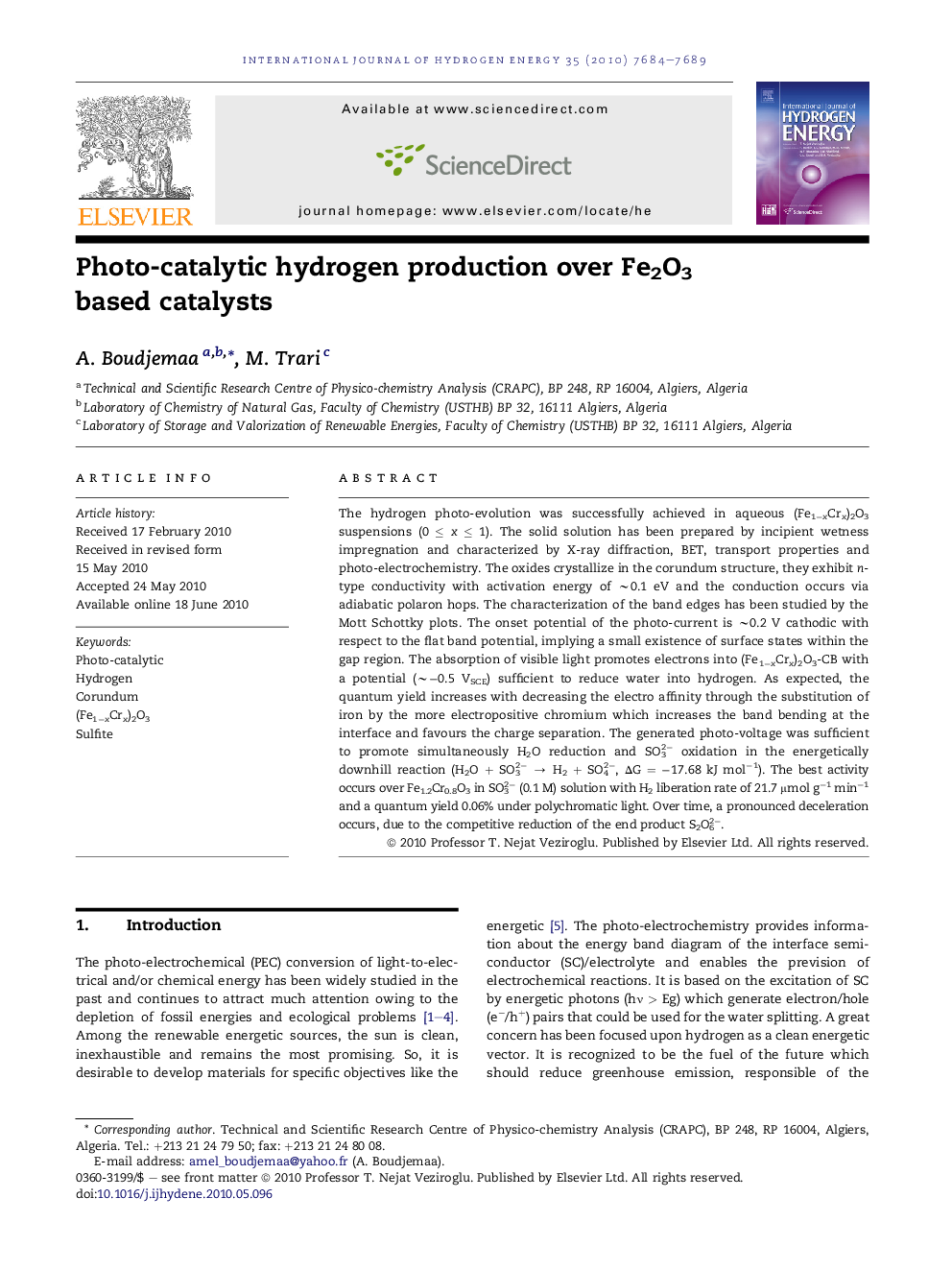 Photo-catalytic hydrogen production over Fe2O3 based catalysts