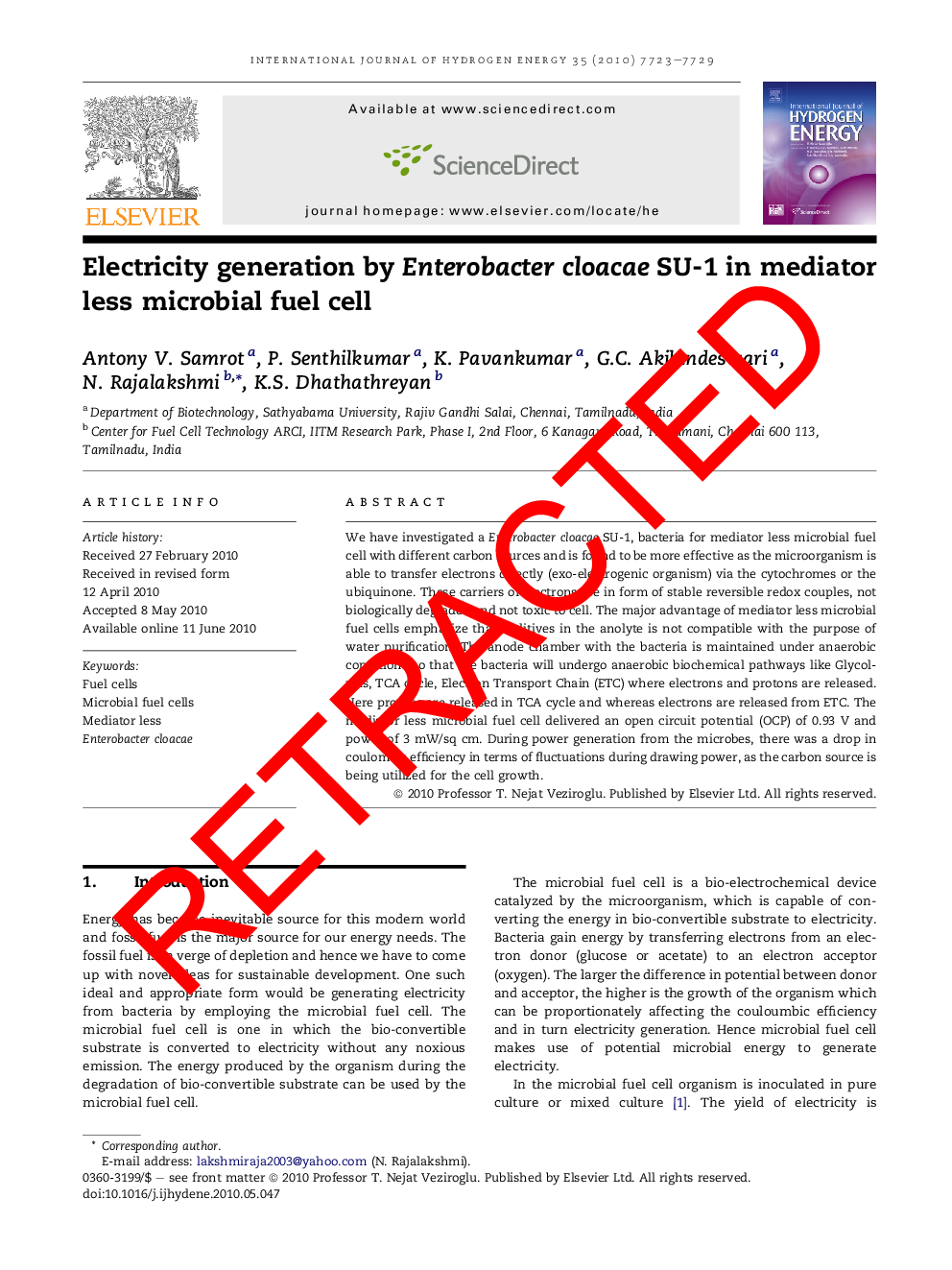 RETRACTED: Electricity generation by Enterobacter cloacae SU-1 in mediator less microbial fuel cell