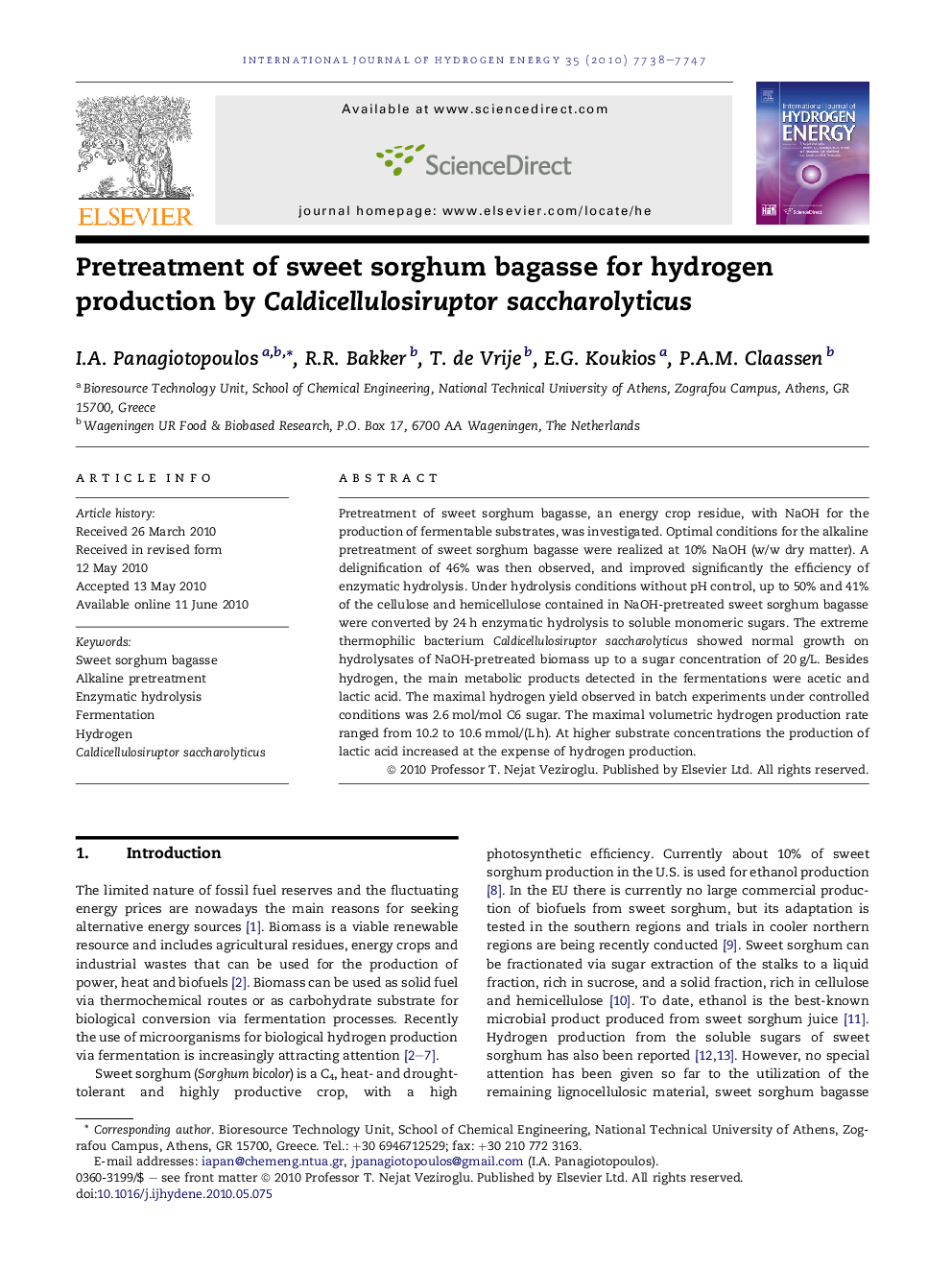 Pretreatment of sweet sorghum bagasse for hydrogen production by Caldicellulosiruptor saccharolyticus