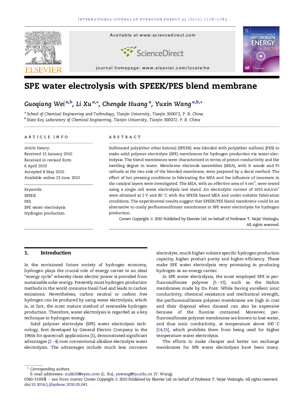 SPE water electrolysis with SPEEK/PES blend membrane