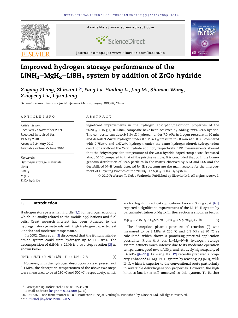 Improved hydrogen storage performance of the LiNH2–MgH2–LiBH4 system by addition of ZrCo hydride