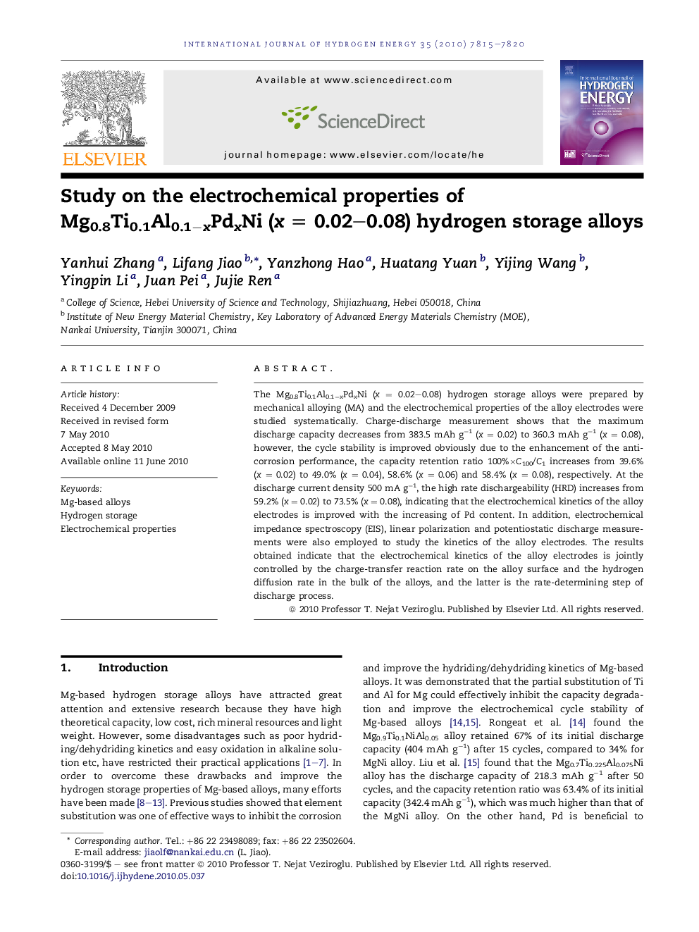 Study on the electrochemical properties of Mg0.8Ti0.1Al0.1−xPdxNi (x = 0.02–0.08) hydrogen storage alloys