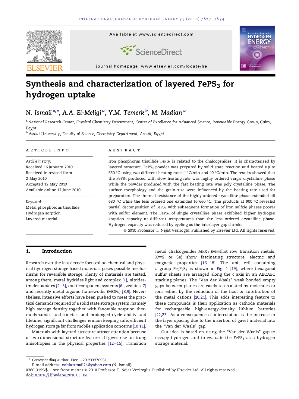 Synthesis and characterization of layered FePS3 for hydrogen uptake