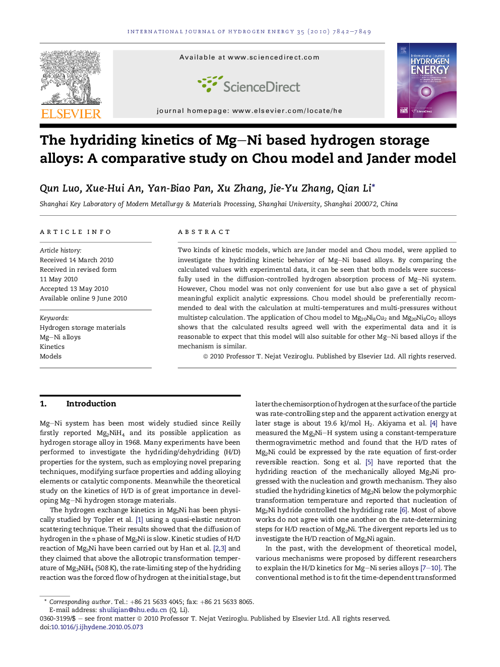 The hydriding kinetics of Mg–Ni based hydrogen storage alloys: A comparative study on Chou model and Jander model