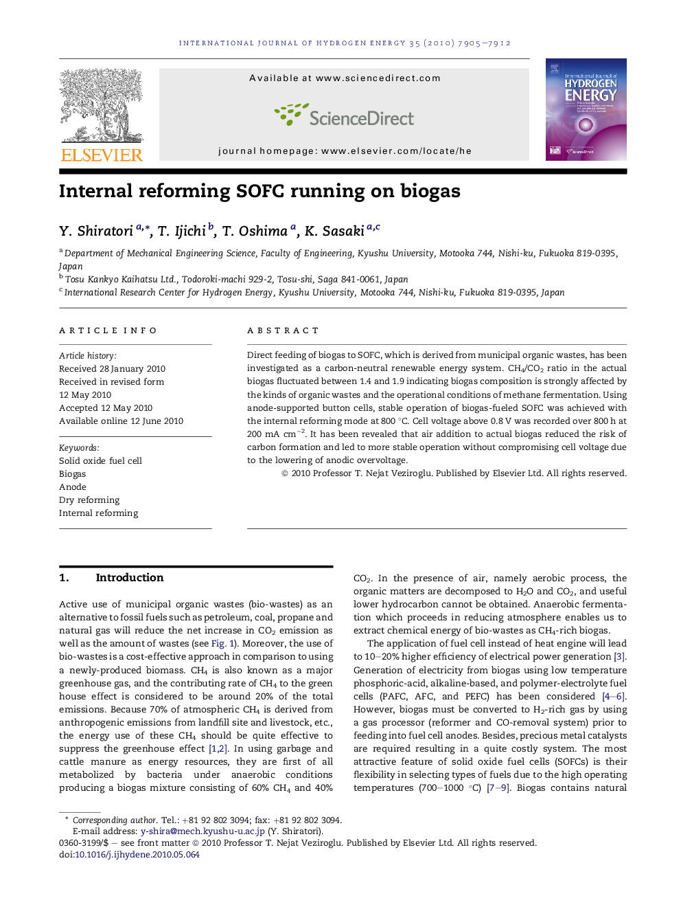 Internal reforming SOFC running on biogas