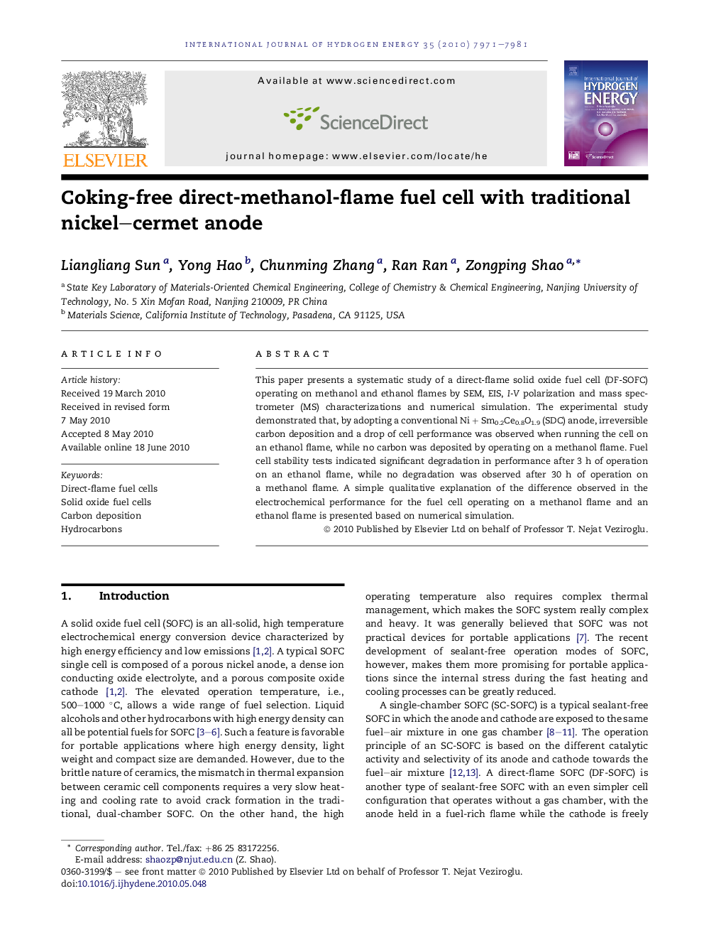 Coking-free direct-methanol-flame fuel cell with traditional nickel–cermet anode