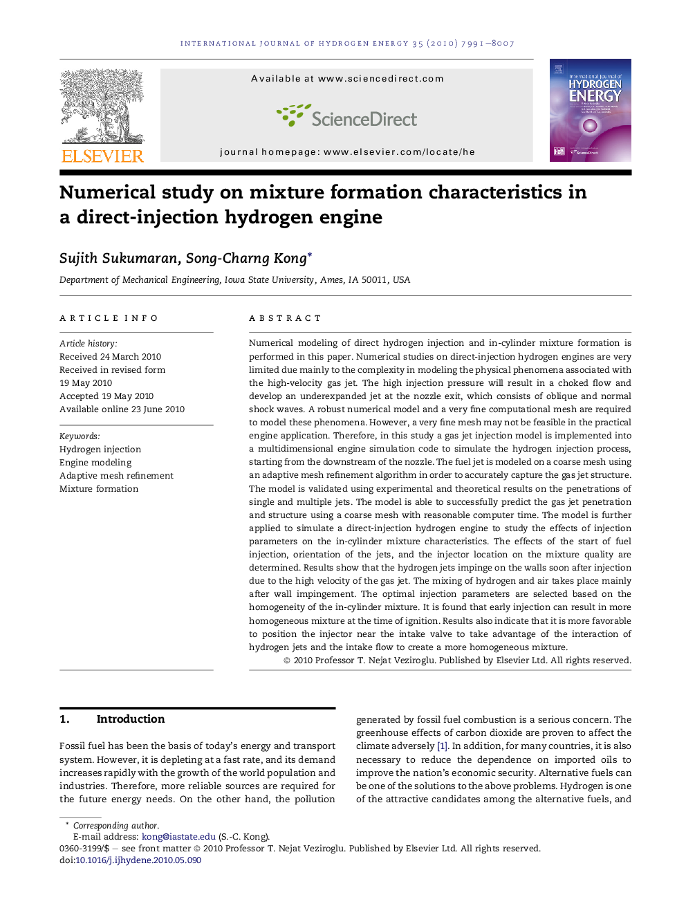 Numerical study on mixture formation characteristics in a direct-injection hydrogen engine