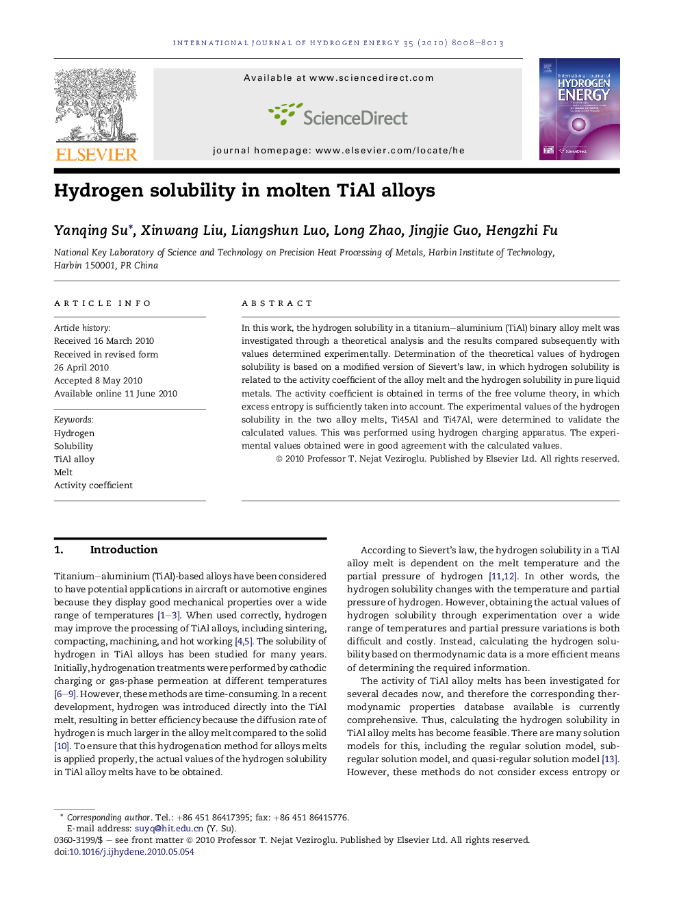 Hydrogen solubility in molten TiAl alloys