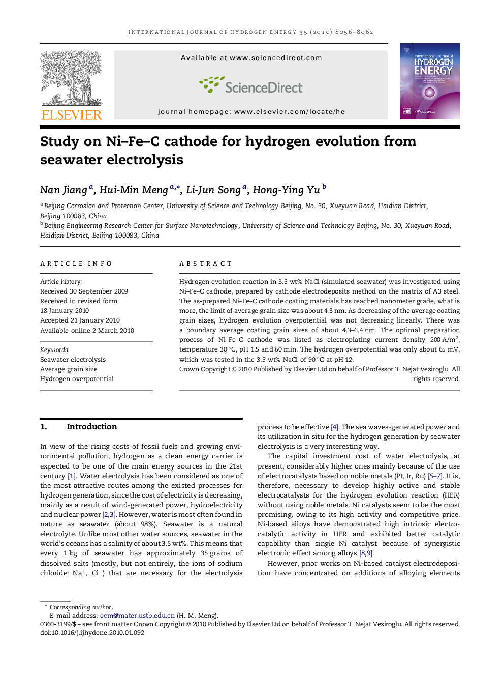 Study on Ni–Fe–C cathode for hydrogen evolution from seawater electrolysis