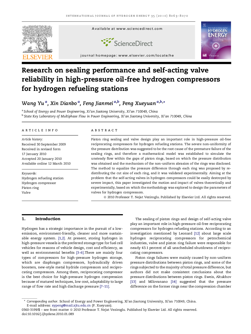 Research on sealing performance and self-acting valve reliability in high-pressure oil-free hydrogen compressors for hydrogen refueling stations