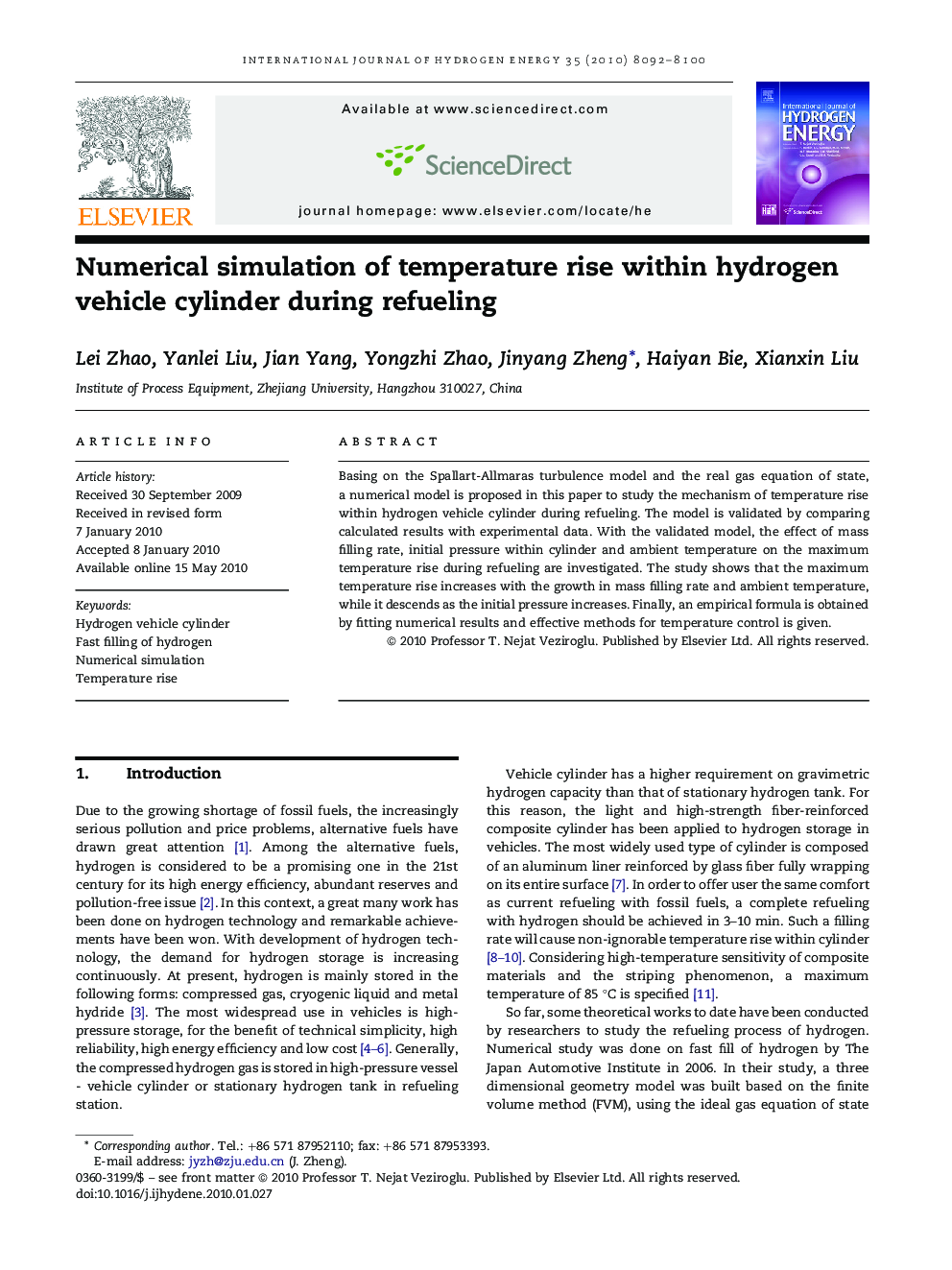 Numerical simulation of temperature rise within hydrogen vehicle cylinder during refueling