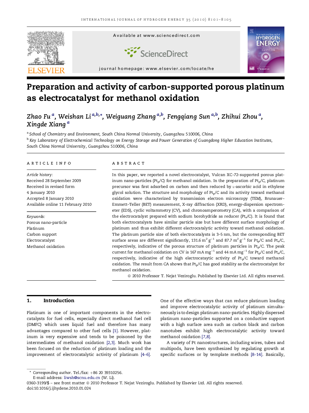 Preparation and activity of carbon-supported porous platinum as electrocatalyst for methanol oxidation