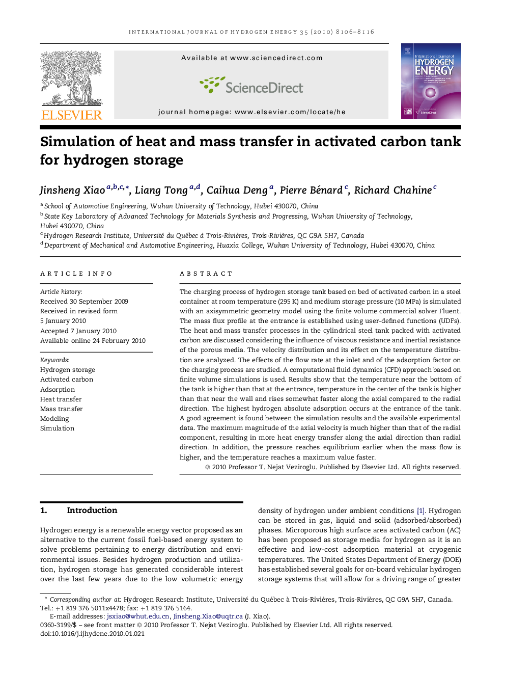 Simulation of heat and mass transfer in activated carbon tank for hydrogen storage