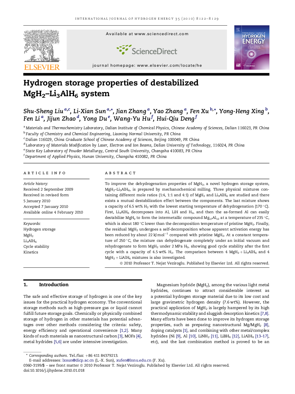 Hydrogen storage properties of destabilized MgH2–Li3AlH6 system