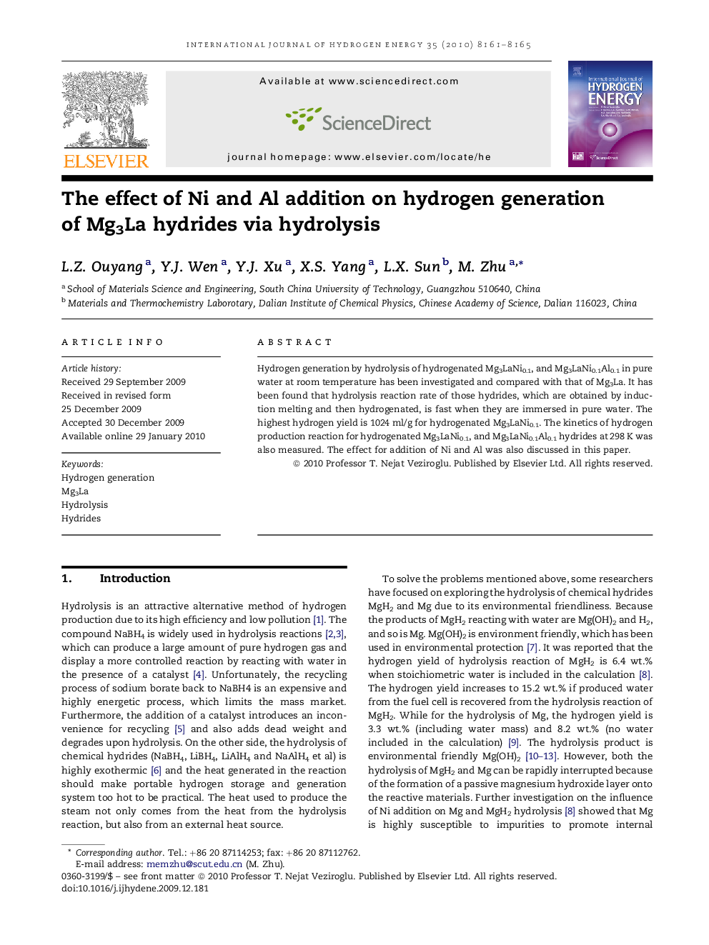 The effect of Ni and Al addition on hydrogen generation of Mg3La hydrides via hydrolysis