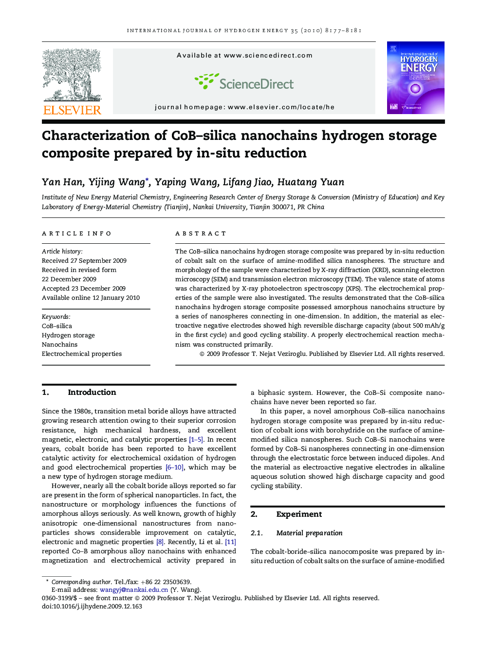 Characterization of CoB–silica nanochains hydrogen storage composite prepared by in-situ reduction