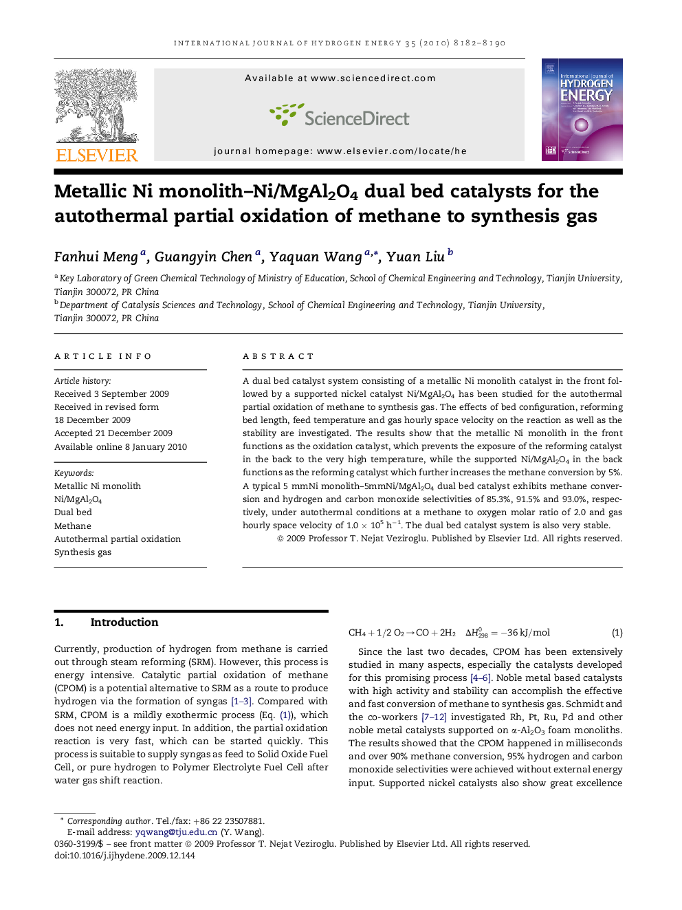 Metallic Ni monolith–Ni/MgAl2O4 dual bed catalysts for the autothermal partial oxidation of methane to synthesis gas