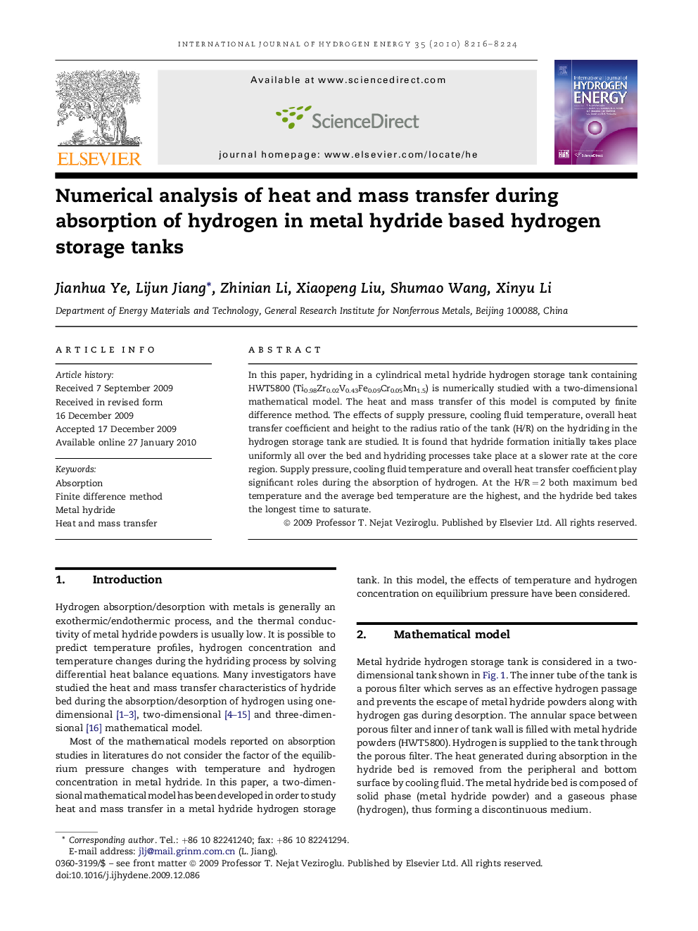 Numerical analysis of heat and mass transfer during absorption of hydrogen in metal hydride based hydrogen storage tanks