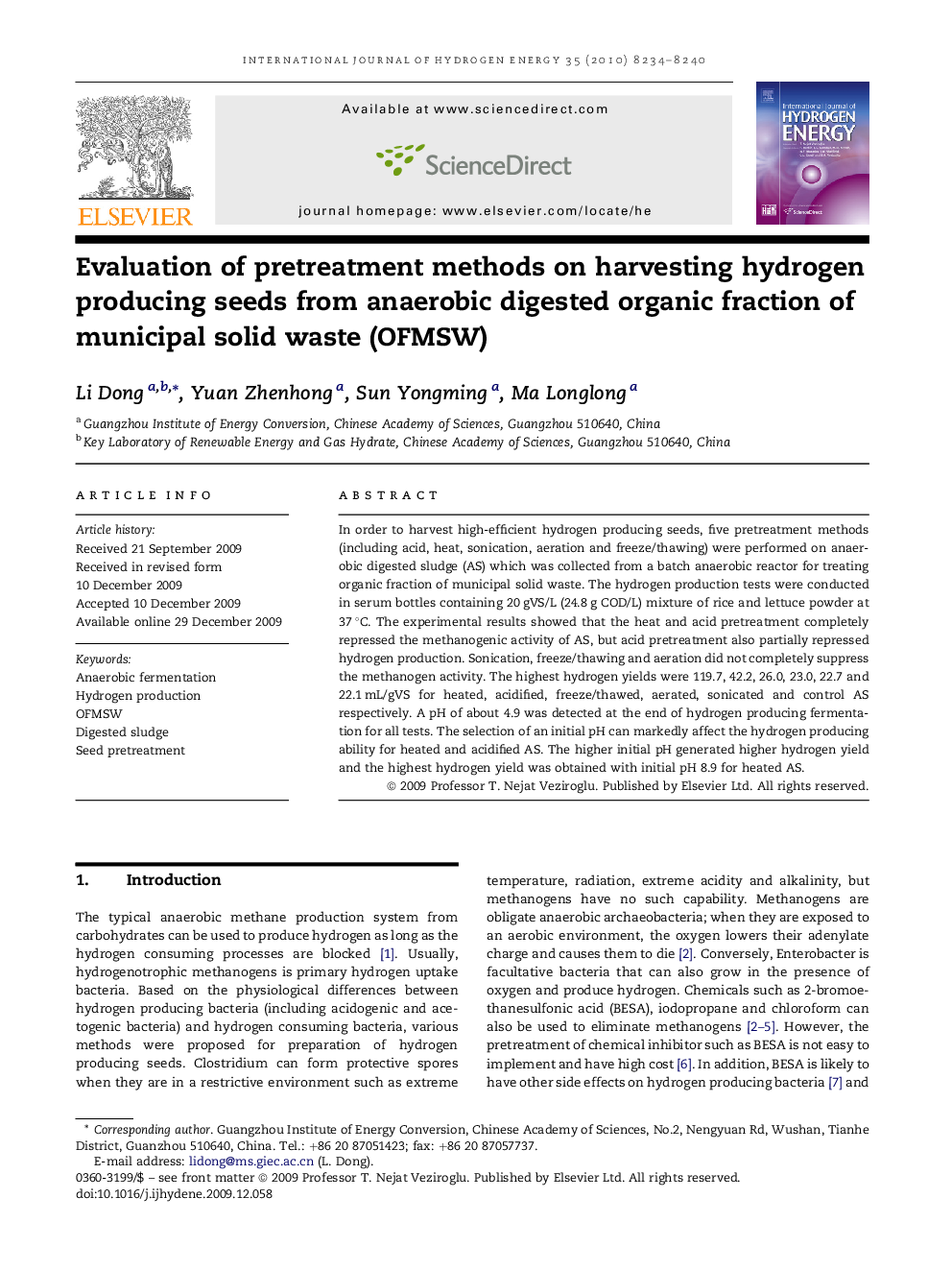 Evaluation of pretreatment methods on harvesting hydrogen producing seeds from anaerobic digested organic fraction of municipal solid waste (OFMSW)