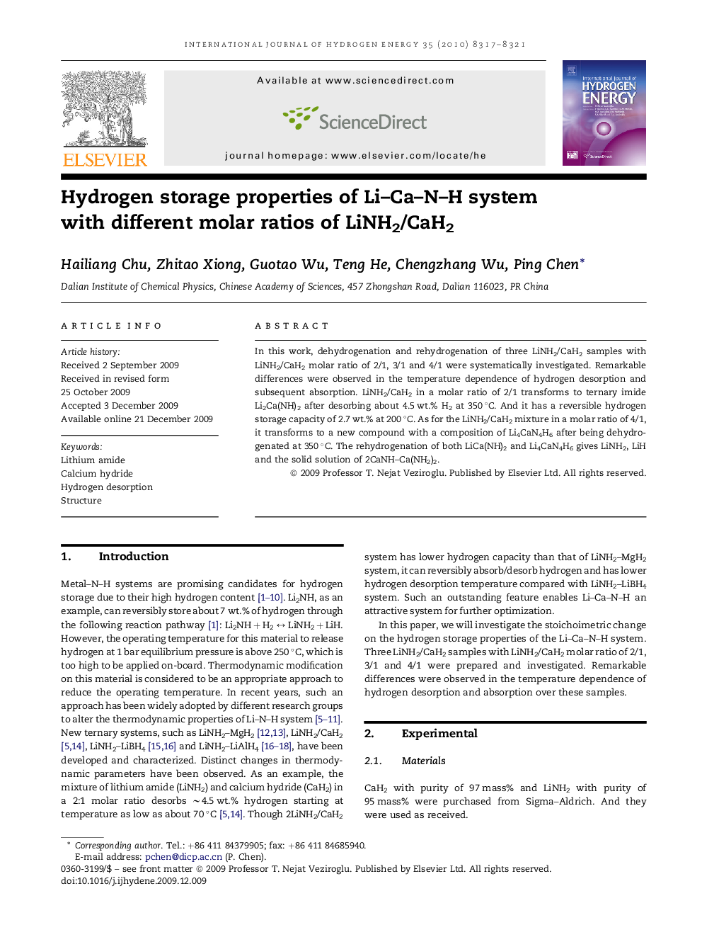 Hydrogen storage properties of Li–Ca–N–H system with different molar ratios of LiNH2/CaH2