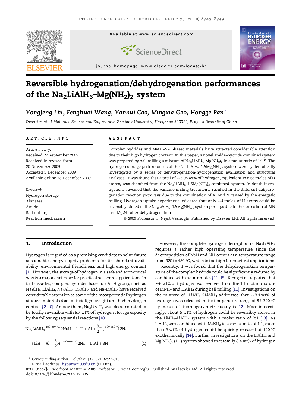 Reversible hydrogenation/dehydrogenation performances of the Na2LiAlH6–Mg(NH2)2 system