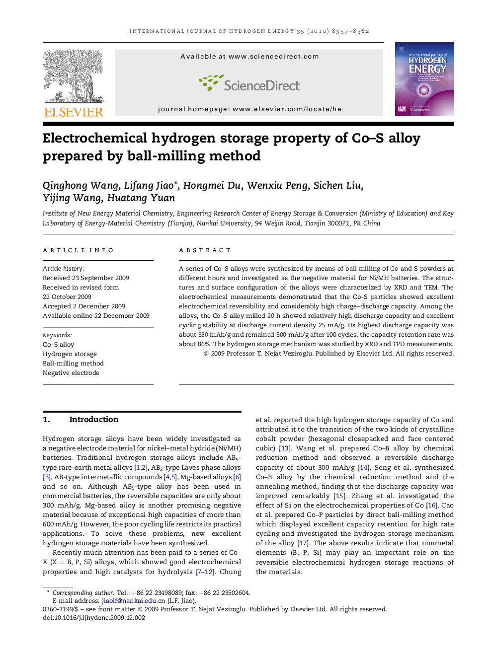 Electrochemical hydrogen storage property of Co–S alloy prepared by ball-milling method