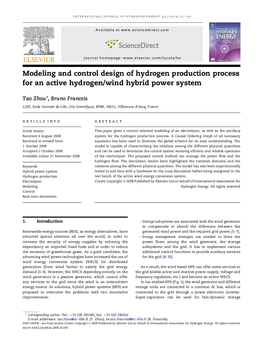 Modeling and control design of hydrogen production process for an active hydrogen/wind hybrid power system