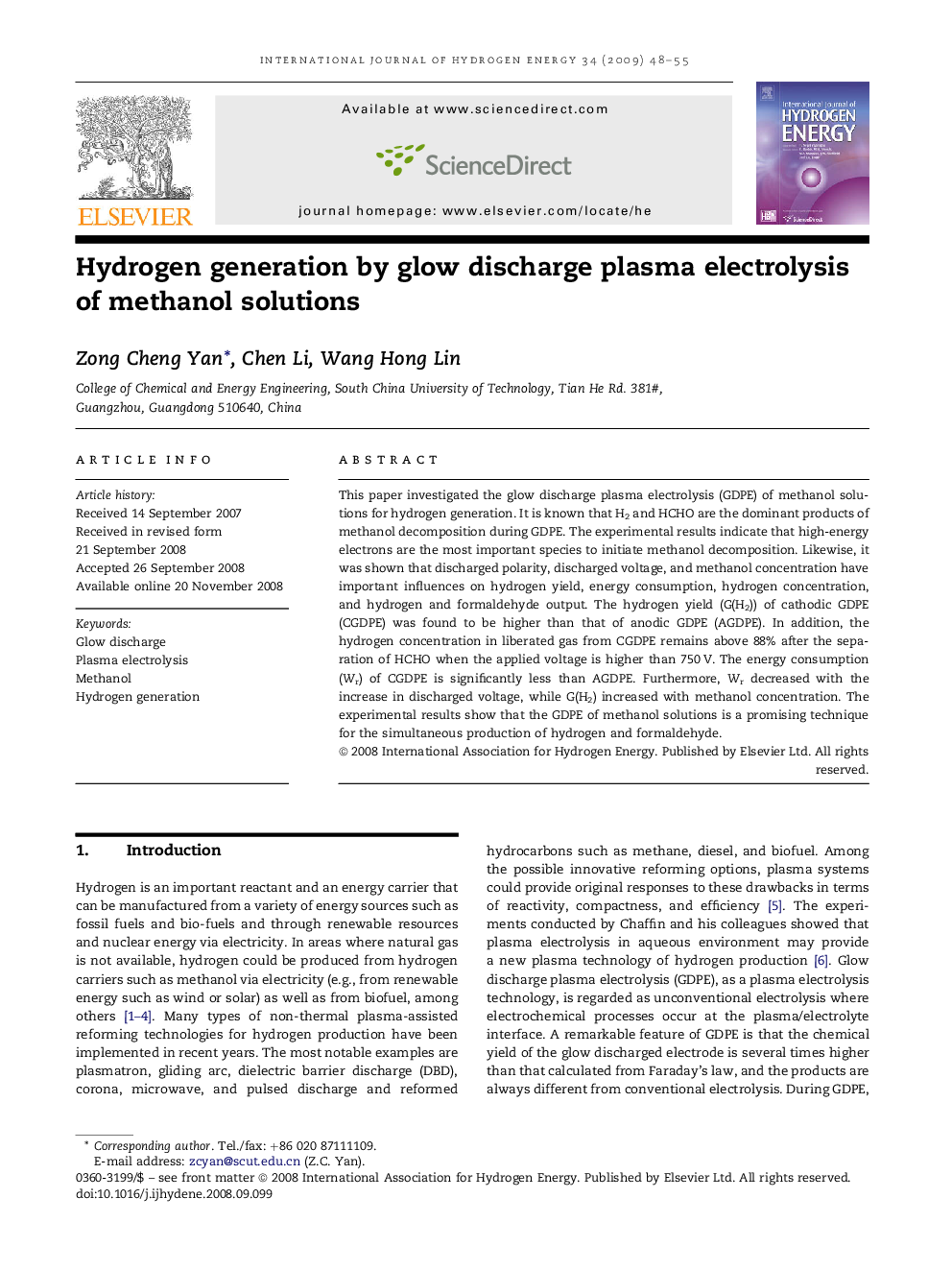 Hydrogen generation by glow discharge plasma electrolysis of methanol solutions