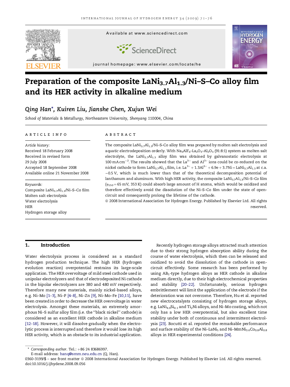 Preparation of the composite LaNi3.7Al1.3/Ni–S–Co alloy film and its HER activity in alkaline medium