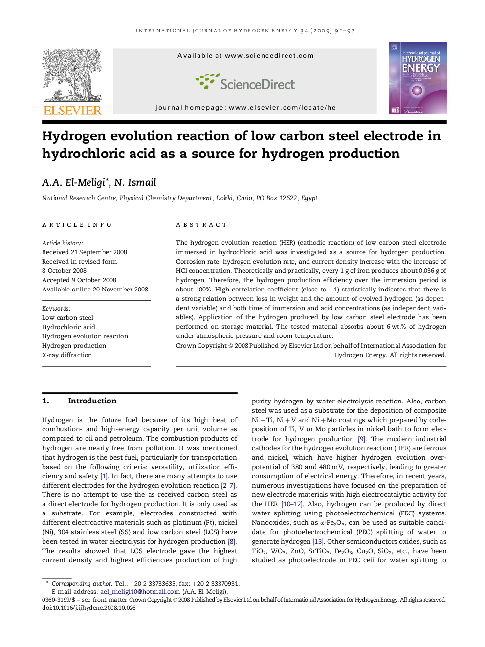 Hydrogen evolution reaction of low carbon steel electrode in hydrochloric acid as a source for hydrogen production