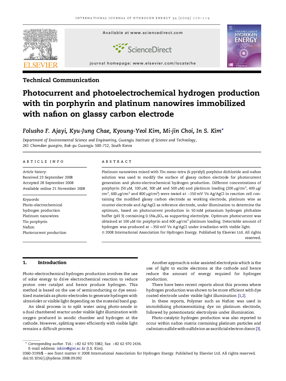 Photocurrent and photoelectrochemical hydrogen production with tin porphyrin and platinum nanowires immobilized with nafion on glassy carbon electrode