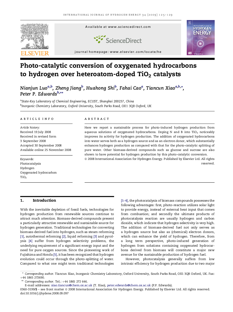 Photo-catalytic conversion of oxygenated hydrocarbons to hydrogen over heteroatom-doped TiO2 catalysts