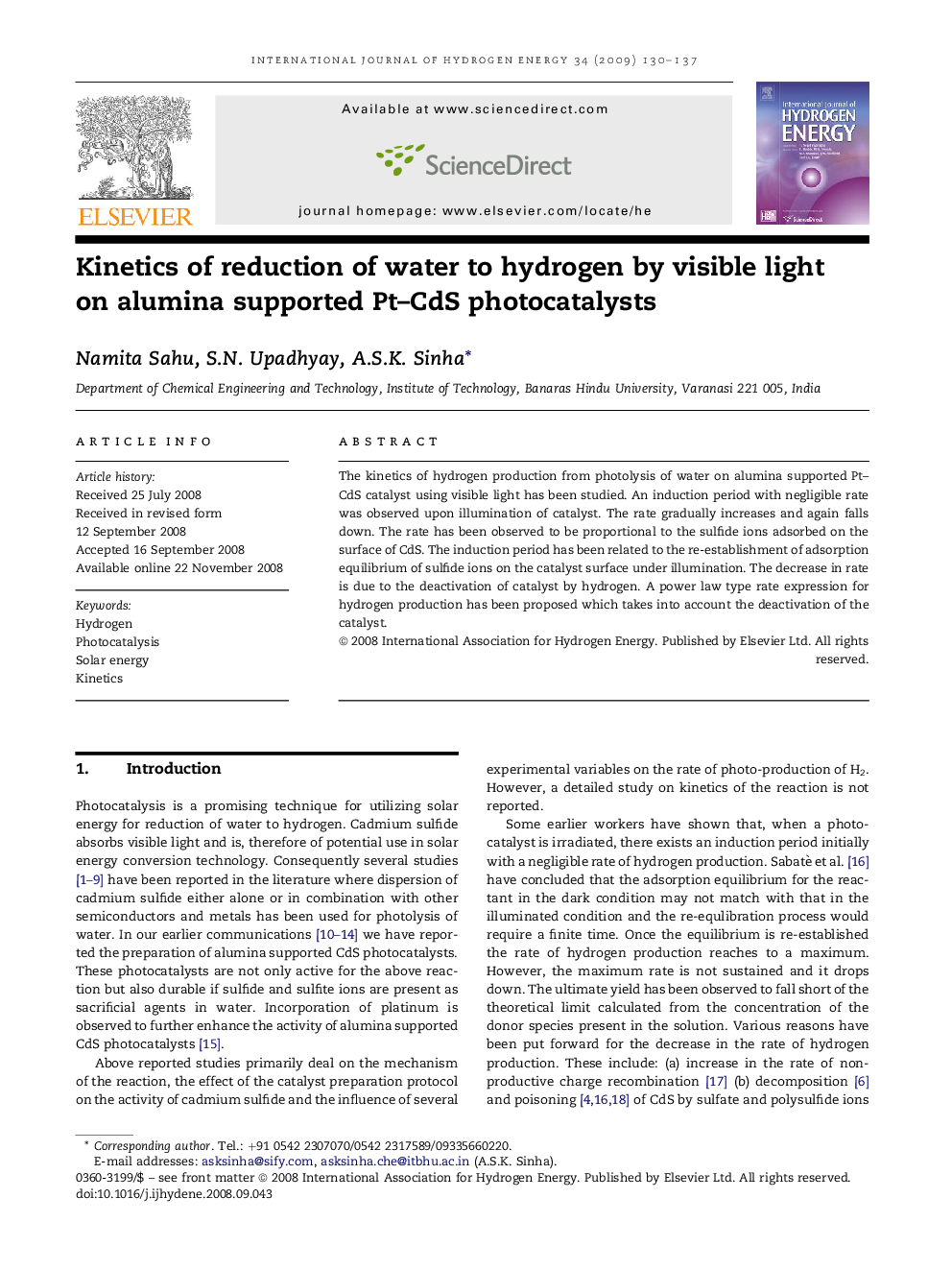 Kinetics of reduction of water to hydrogen by visible light on alumina supported Pt–CdS photocatalysts