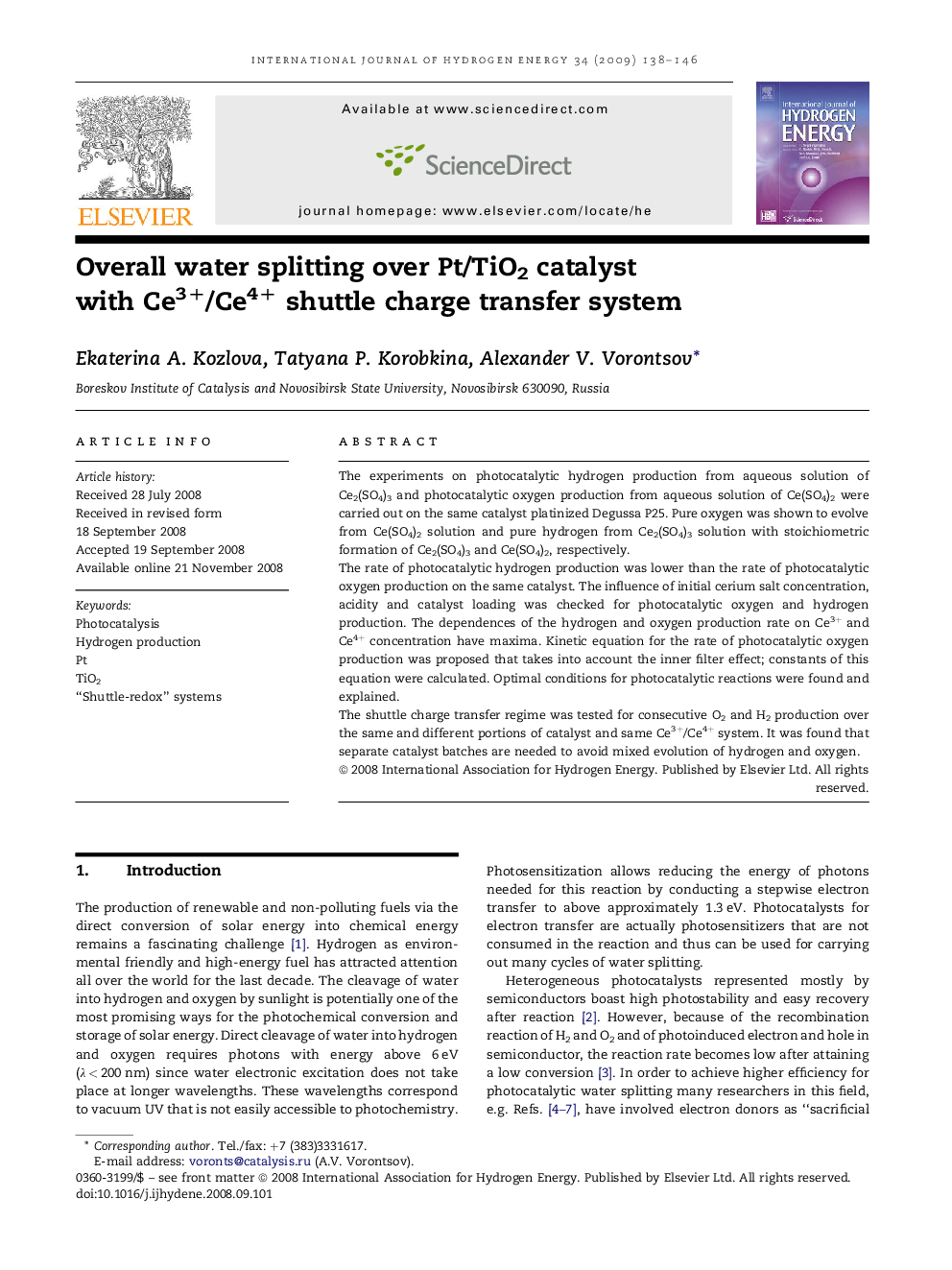 Overall water splitting over Pt/TiO2 catalyst with Ce3+/Ce4+ shuttle charge transfer system