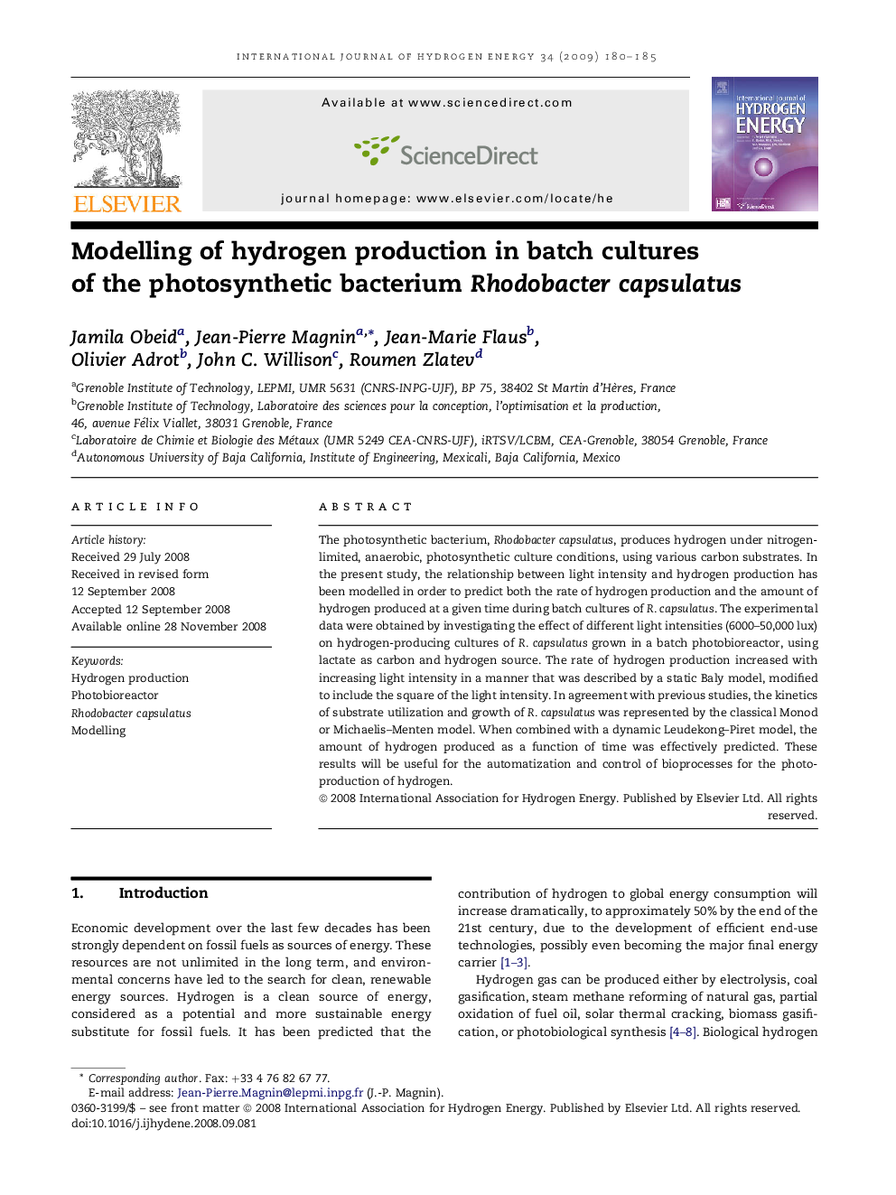 Modelling of hydrogen production in batch cultures of the photosynthetic bacterium Rhodobacter capsulatus